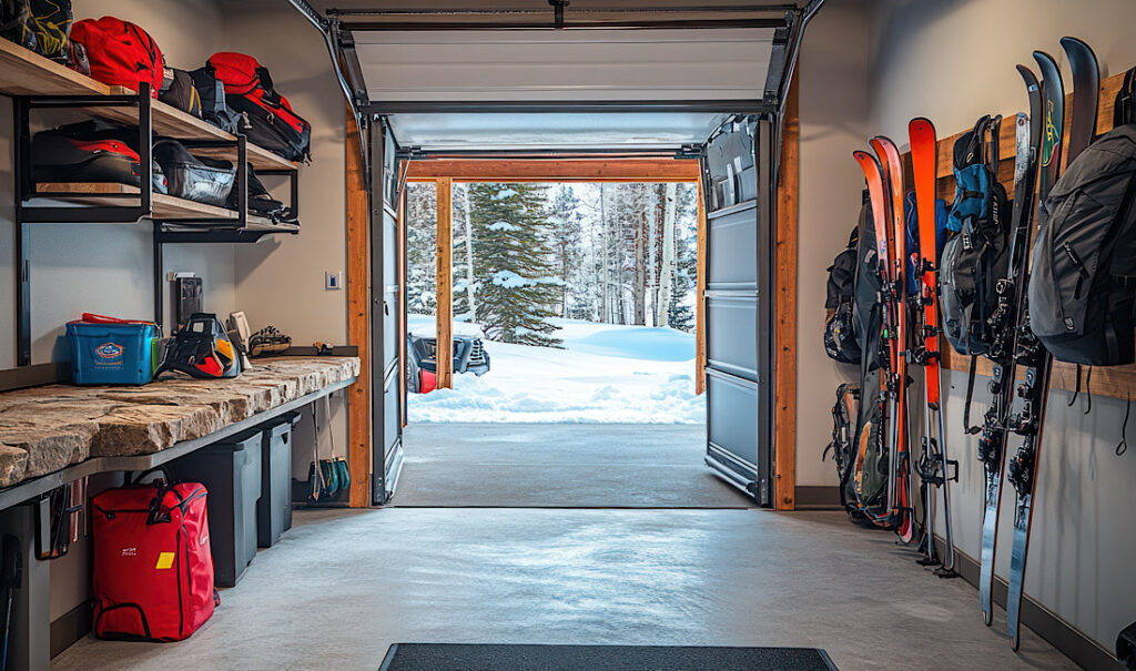 A ski storage area with equipment, snow outside in Vail, CO.