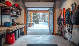 A ski storage area with equipment, snow outside in Vail, CO.