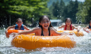 Group of joyful kids enjoying inflatable tubing down a picturesque river, creating splashes and laughter on a bright summer day in Vail, CO. Gore Greek, CO.