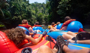Group of people tubing down the river.