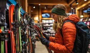Woman selects ski gear for mountain adventures at a American Ski Exchange in Vail, CO. Early bird special at American Ski Exchange.
