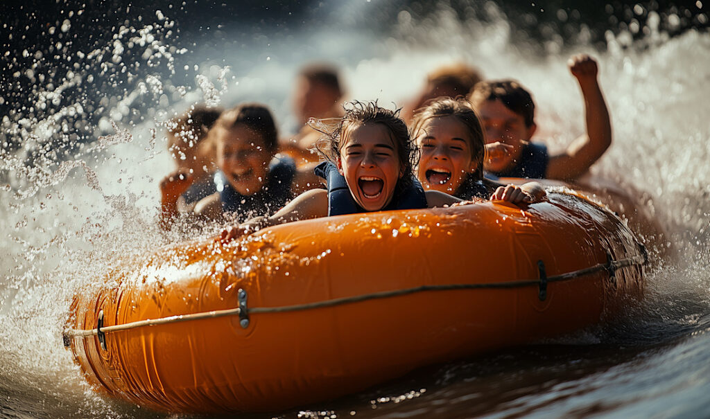 Laughter and excitement fill the air as a group of children race across the water, tubing joyfully under the shining sun. Splashes of water add to the thrill of their adventure on Gore Creek in Vail, CO.