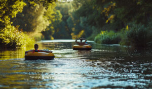 A pair of friends lazily drifting down a calm river on inner tubes on Gore Greek in Vail, CO.